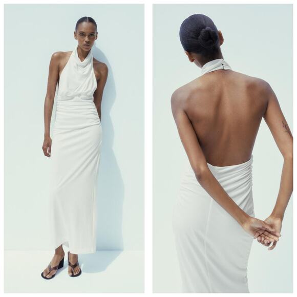 NWT Zara White Long Open Back Halter Maxi Dress Size XXL Cocktail Bridal Chic - Picture 1 of 14